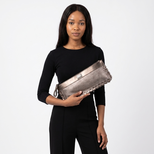Leather Studded Wristlet Gunmetal