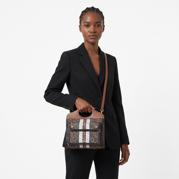 Coated Canvas TB Stripe Pocket Bag Brown