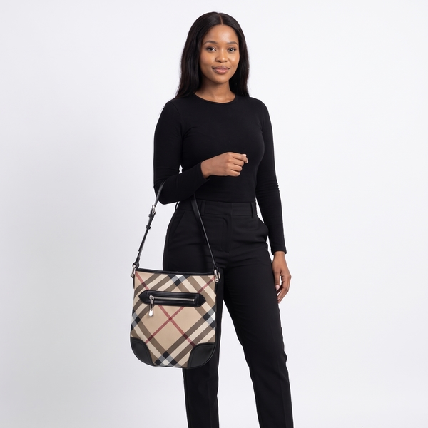 Patent/Coated Canvas Check Dryden Shoulder Bag Beige/Black