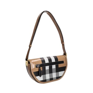 Glazed Leather Check Small Olympia Shoulder Bag Camel/Black, view 2