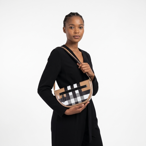 Glazed Leather Check Small Olympia Shoulder Bag Camel/Black