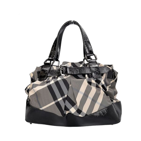 Patent/Nylon Check Shoulder Bag Black/Grey