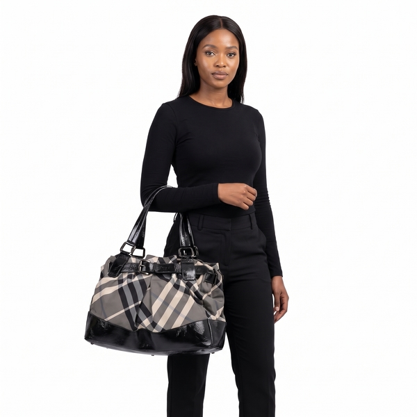 Patent/Nylon Check Shoulder Bag Black/Grey