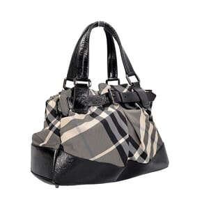 Patent/Nylon Check Shoulder Bag Black/Grey, view 2