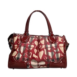 Patent/Coated Canvas Check Heart Shoulder Bag Beige/Burgundy, view 3