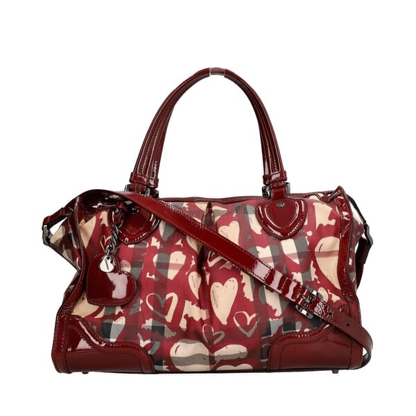 Patent/Coated Canvas Check Heart Shoulder Bag Beige/Burgundy