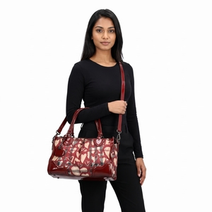 Patent/Coated Canvas Check Heart Shoulder Bag Beige/Burgundy, view 8