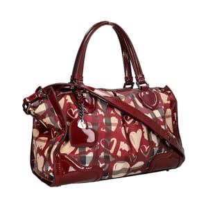Patent/Coated Canvas Check Heart Shoulder Bag Beige/Burgundy, view 2