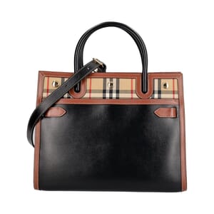 Leather/Canvas Check Medium Title Tote Black/Brown