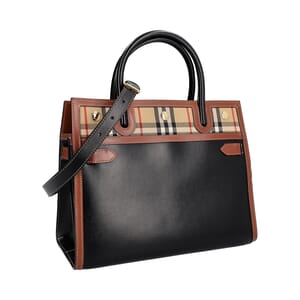 Leather/Canvas Check Medium Title Tote Black/Brown, view 2