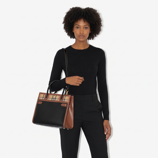 Leather/Canvas Check Medium Title Tote Black/Brown