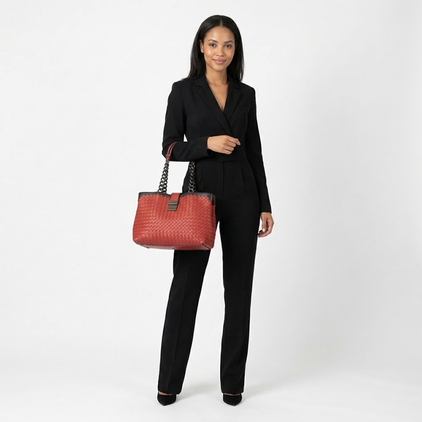 Leather Intrecciato Chain Shoulder Bag Red
