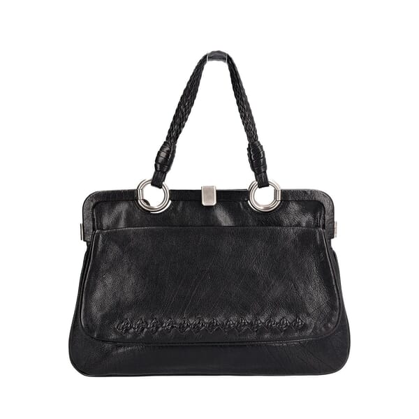 Vintage Leather Braided Handles Shoulder Bag Black