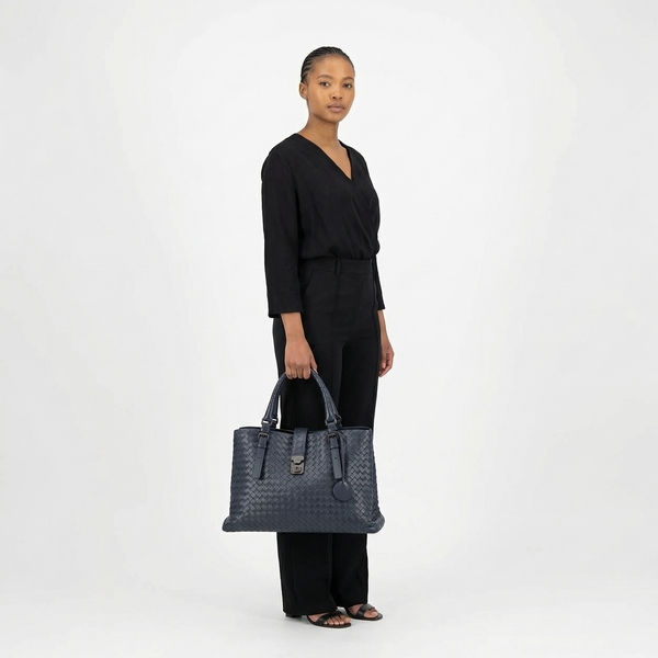 Intrecciato Leather Roma Bag Navy Blue
