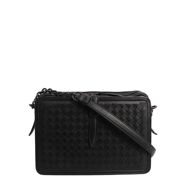 Leather Intrecciato Camera Bag Black