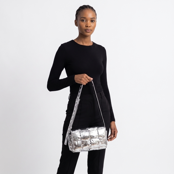 Metallic Leather Padded Cassette Mini Bag Silver
