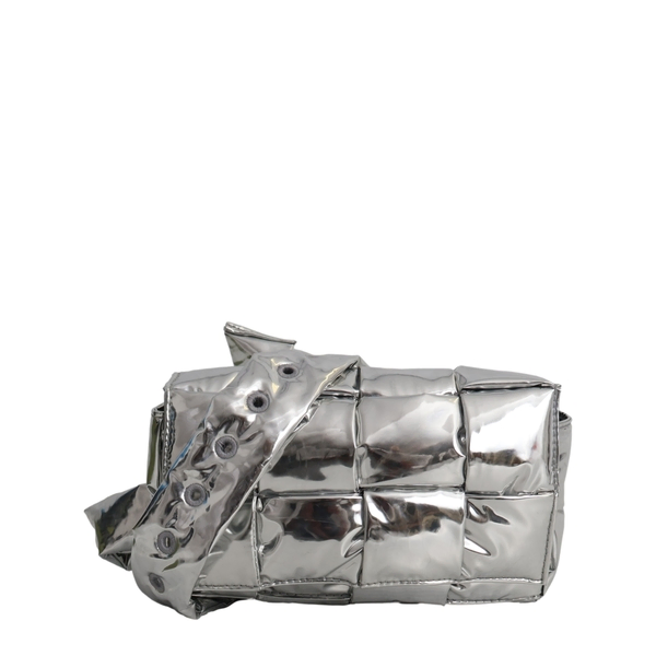 Metallic Leather Padded Cassette Mini Bag Silver