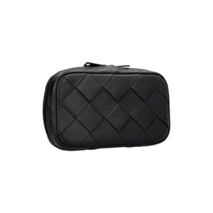 Leather Intrecciato Zip Around Travel Pouch Black, view 2