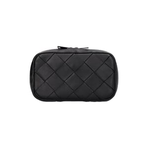 Leather Intrecciato Zip Around Travel Pouch Black, view 3