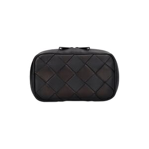 Leather Intrecciato Zip Around Travel Pouch Black