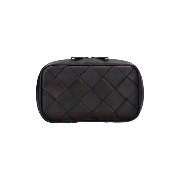 Leather Intrecciato Zip Around Travel Pouch Black