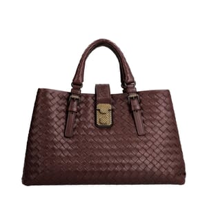 Leather Intrecciato Small Roma Tote Bordeaux, view 4