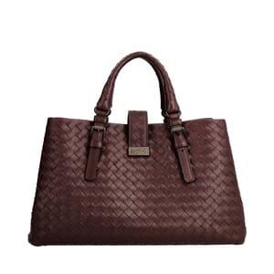 Leather Intrecciato Small Roma Tote Bordeaux, view 3