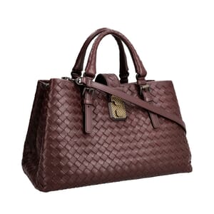 Leather Intrecciato Small Roma Tote Bordeaux, view 2