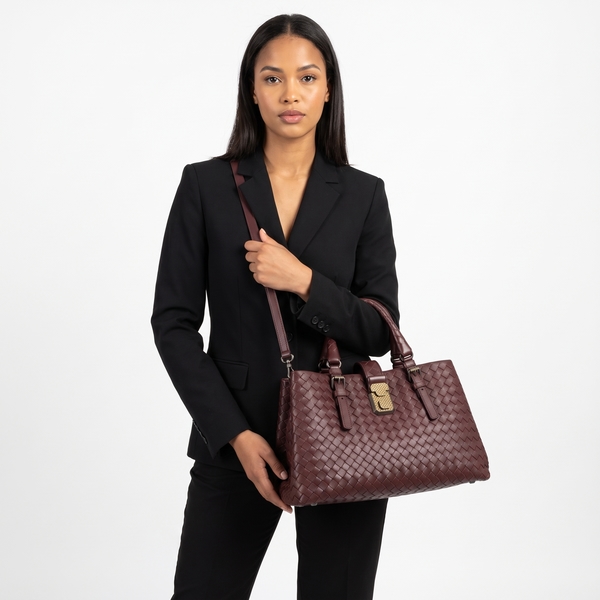 Leather Intrecciato Small Roma Tote Bordeaux