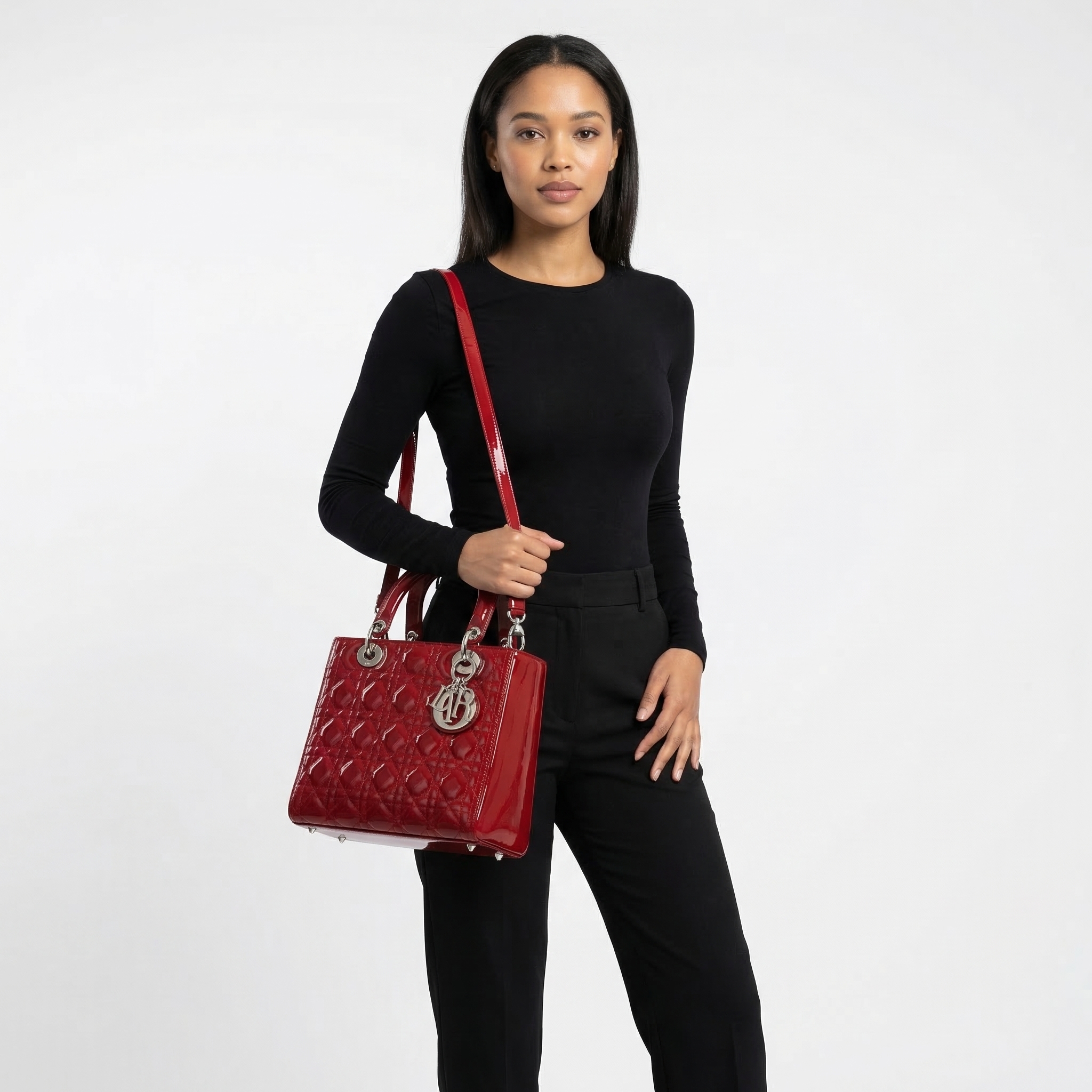 CHRISTIAN DIOR Patent Cannage Quilted Large Lady Dior Red | Luxity