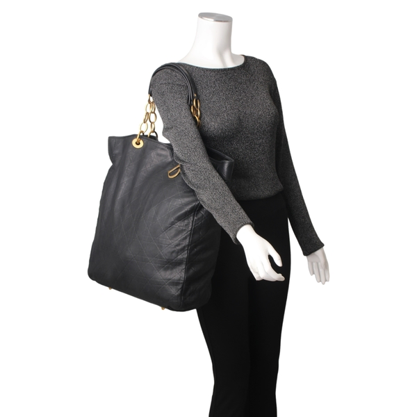 Quilted Leather Lady Dior Large Shopping Tote Black