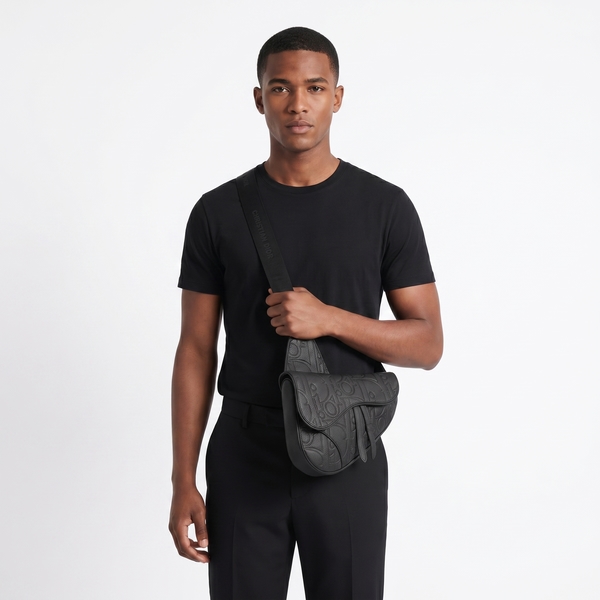 Leather Dior Embossed Saddle Bag Black