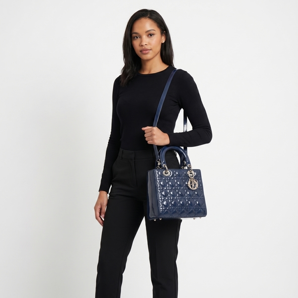 Patent Cannage Medium Lady Dior Tote Midnight Blue