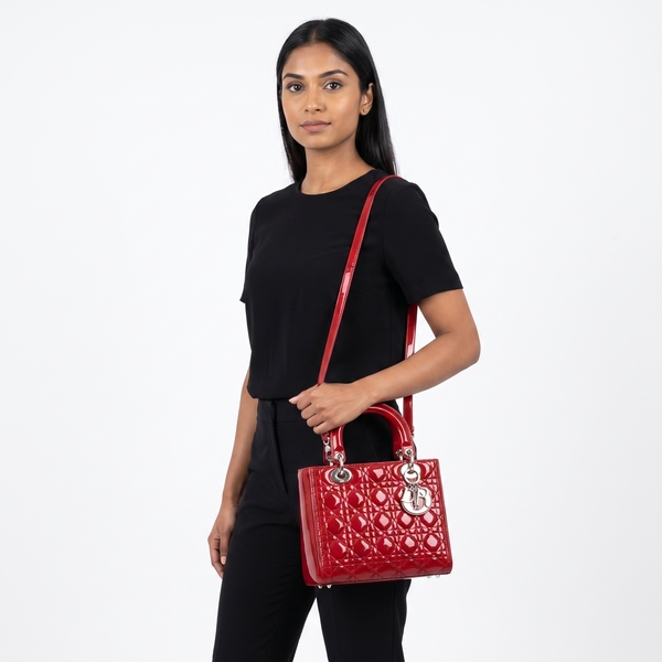 Patent Cannage Lady Dior Medium Tote Red