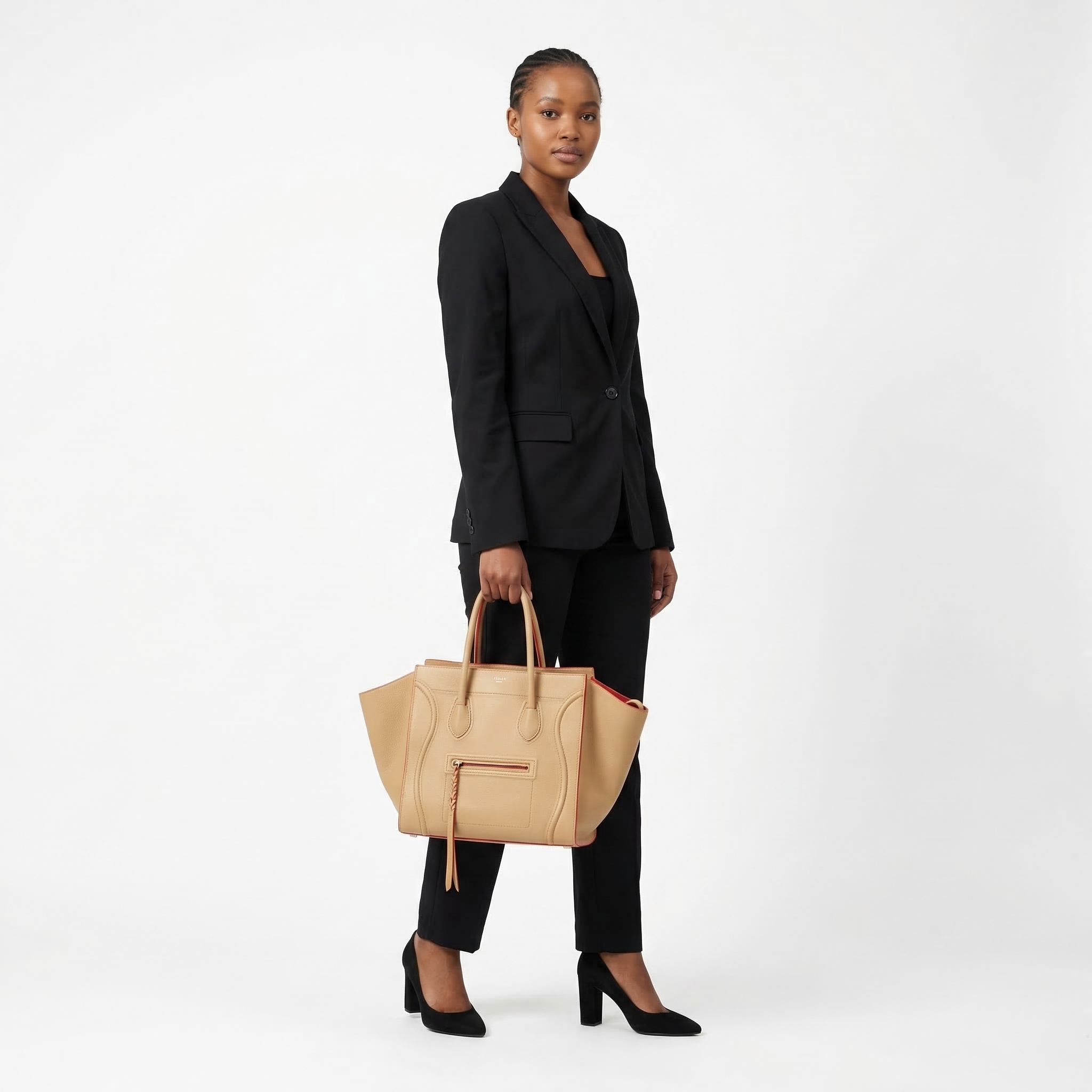 CELINE Leather Medium Phantom Luggage Tote Beige/Red | Luxity
