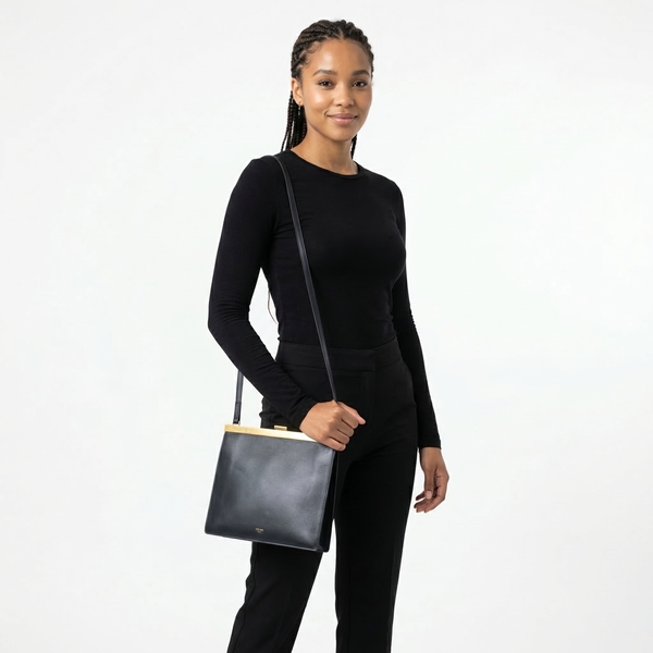 Leather Mini Clasp Shoulder Bag Black