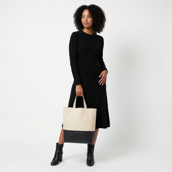 Leather Vertical Cabas Small Tote White/Black