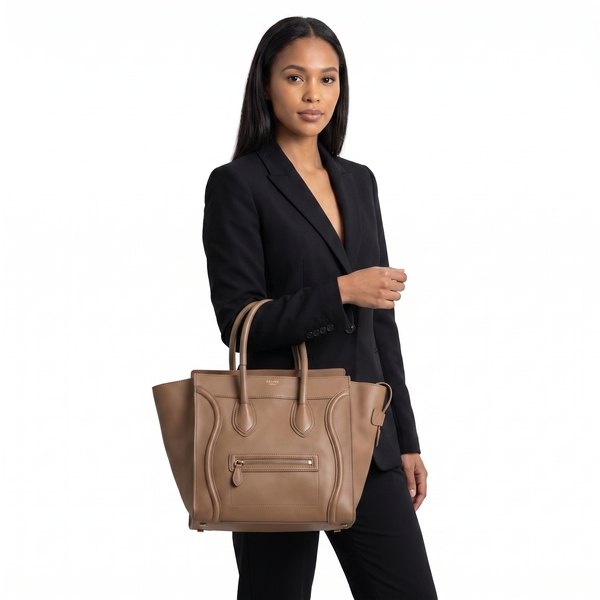 Leather Mini Luggage Tote Taupe