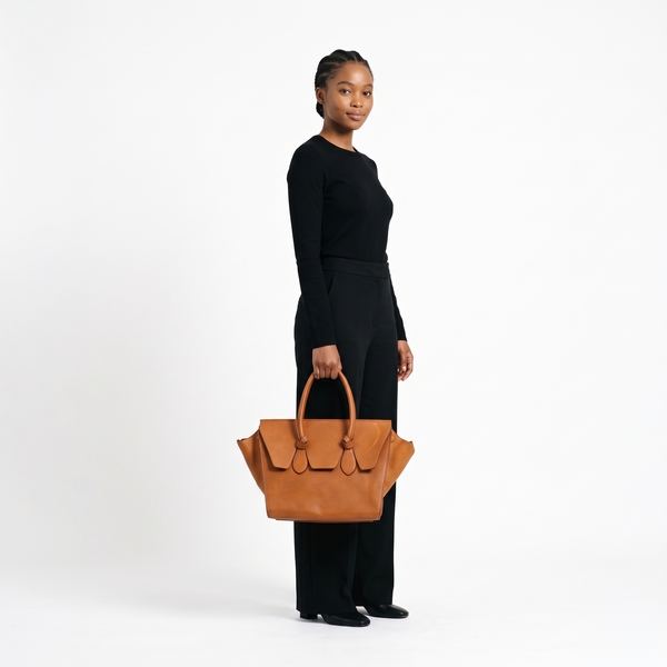 Leather Tie Knot Medium Tote Tan