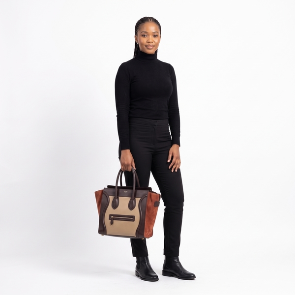 Leather/Suede Mini Luggage Tote Beige