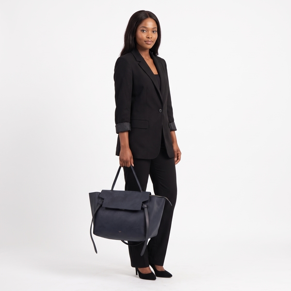 Leather Large Belt Tote Navy Blue
