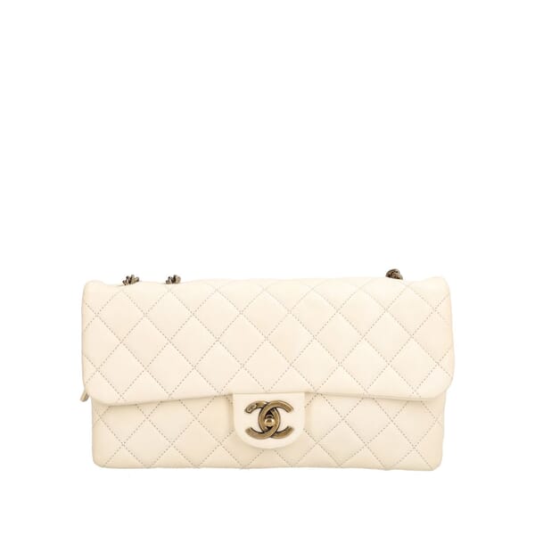 Quilted Caviar Flap Back Pocket Shoulder Bag White