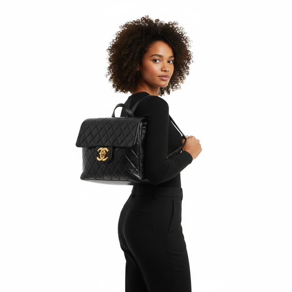Vintage Lambskin Quilted Backpack Black