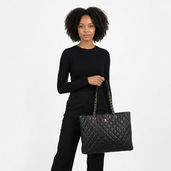 Quilted Caviar Grand Shopping Tote Black