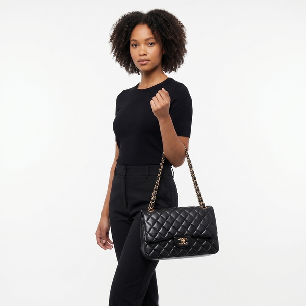 Quilted Lambskin Jumbo Classic Flap Shoulder Bag Black