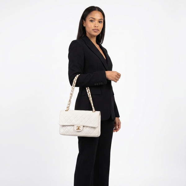 Vintage Quilted Nubuck Medium Classic Double Flap Bag White