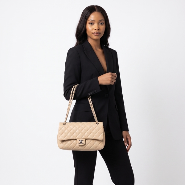 Quilted Caviar Jumbo Easy Flap Bag Beige