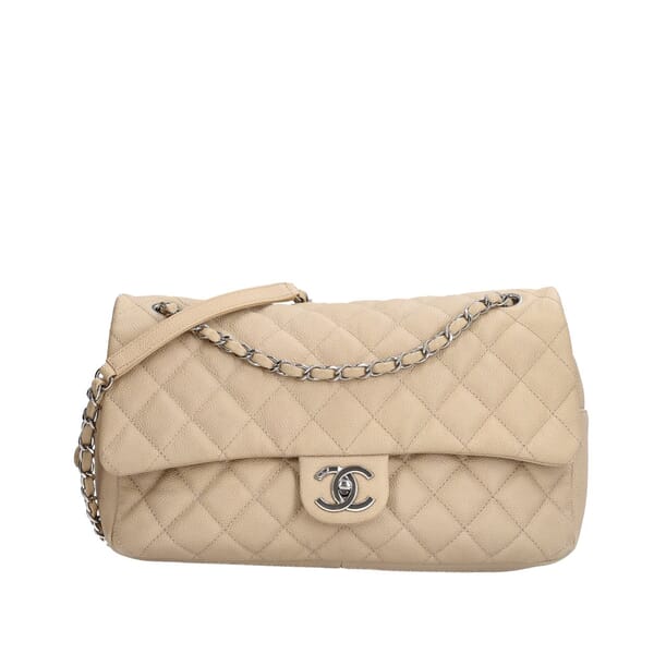 Quilted Caviar Jumbo Easy Flap Bag Beige