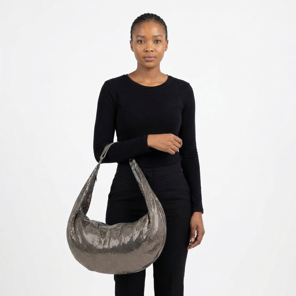 Leather/Metal Mesh Large Hobo Gunmetal