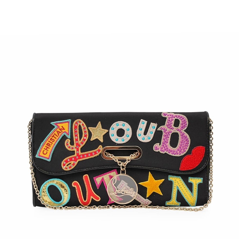 CHRISTIAN LOUBOUTIN Canvas Patch Letters Riviera Clutch Black | Luxity